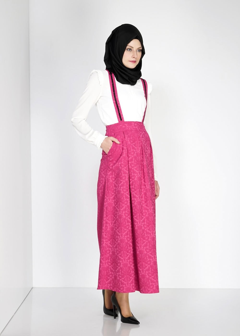 Tesettür giyim FUŞYA PİLELİ JAKAR JİLE ETEK 6728