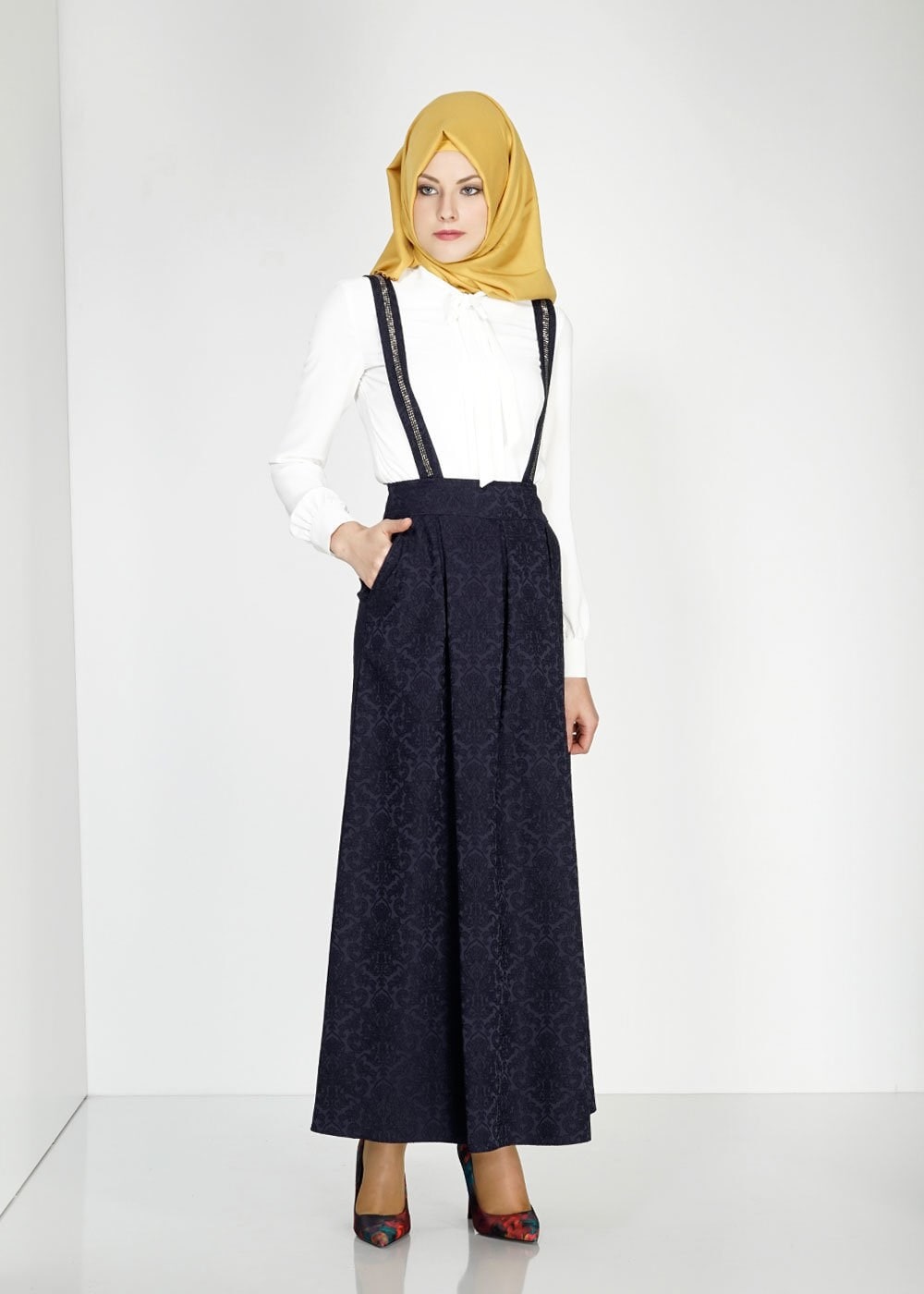 Tesettür giyim LACİVERT PİLELİ JAKAR JİLE ETEK 6728