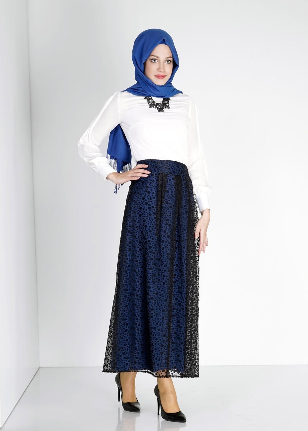 Tesettür giyim SİYAH PUANTİYE DESENLİ TÜL DETAYLI ETEK 6730