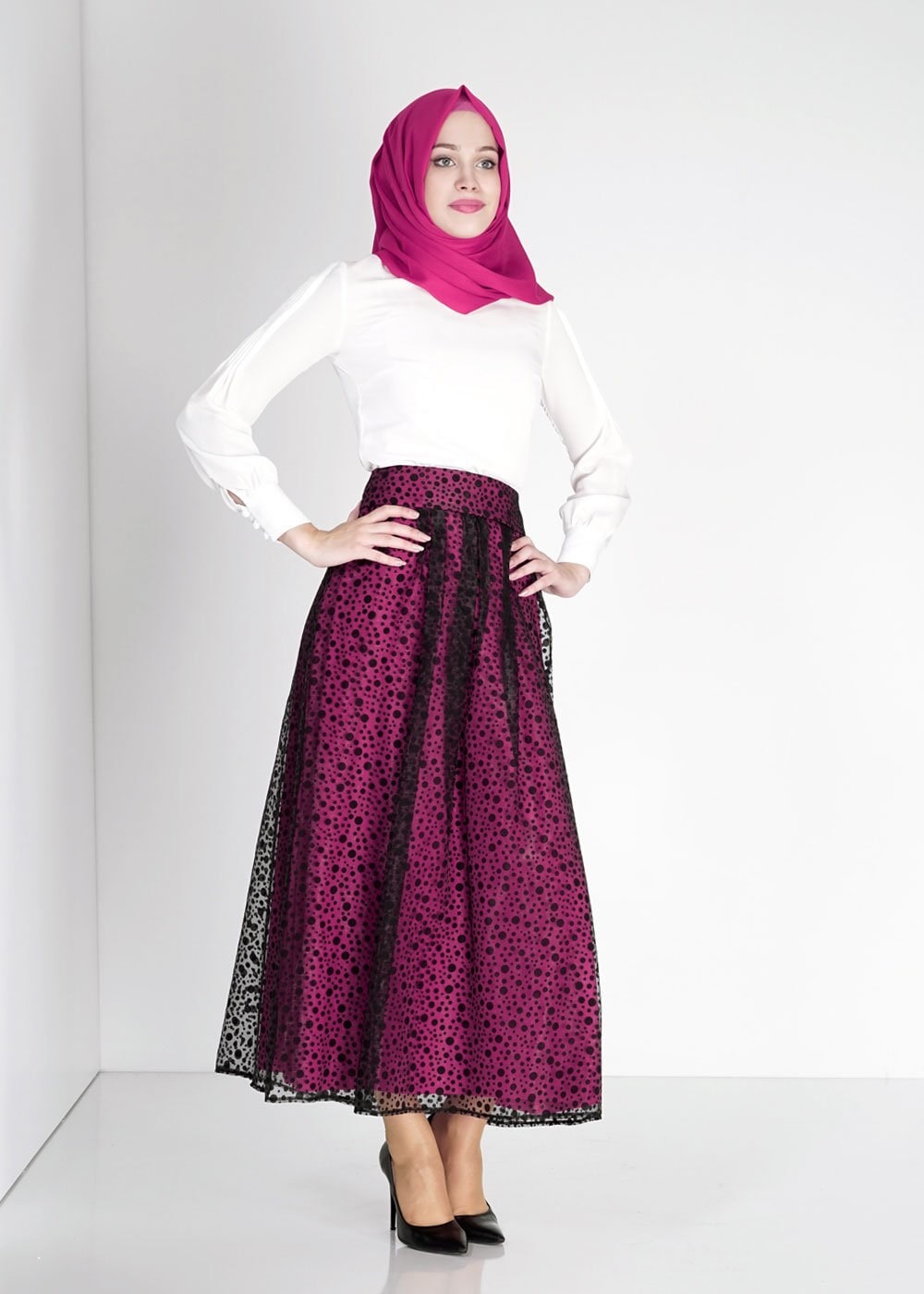 Tesettür giyim SİYAH PUANTİYE DESENLİ TÜL DETAYLI ETEK 6730