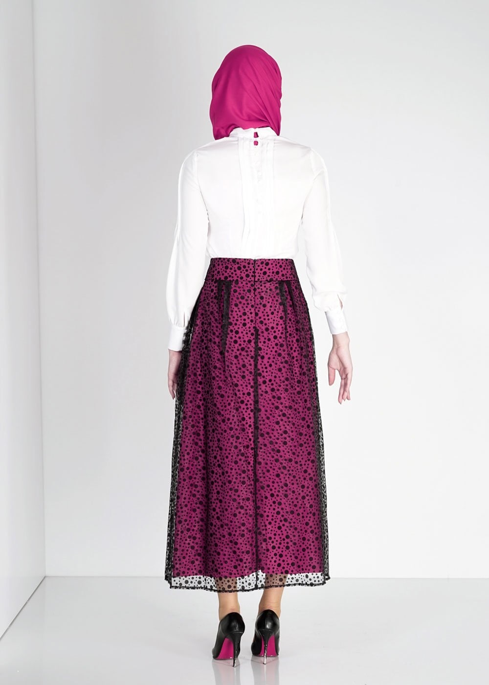 Tesettür giyim SİYAH PUANTİYE DESENLİ TÜL DETAYLI ETEK 6730