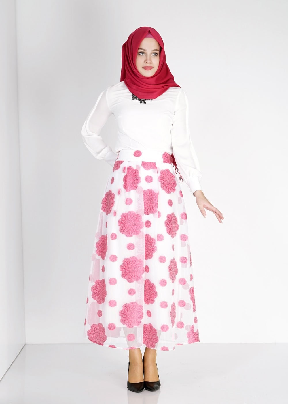 Tesettür giyim FUŞYA ÇİÇEK DESENLİ PİLELİ ETEK 6731