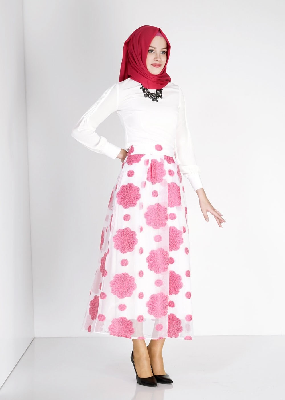 Tesettür giyim FUŞYA ÇİÇEK DESENLİ PİLELİ ETEK 6731