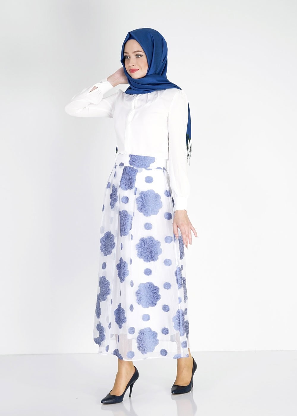 Tesettür giyim LACİVERT ÇİÇEK DESENLİ PİLELİ ETEK 6731