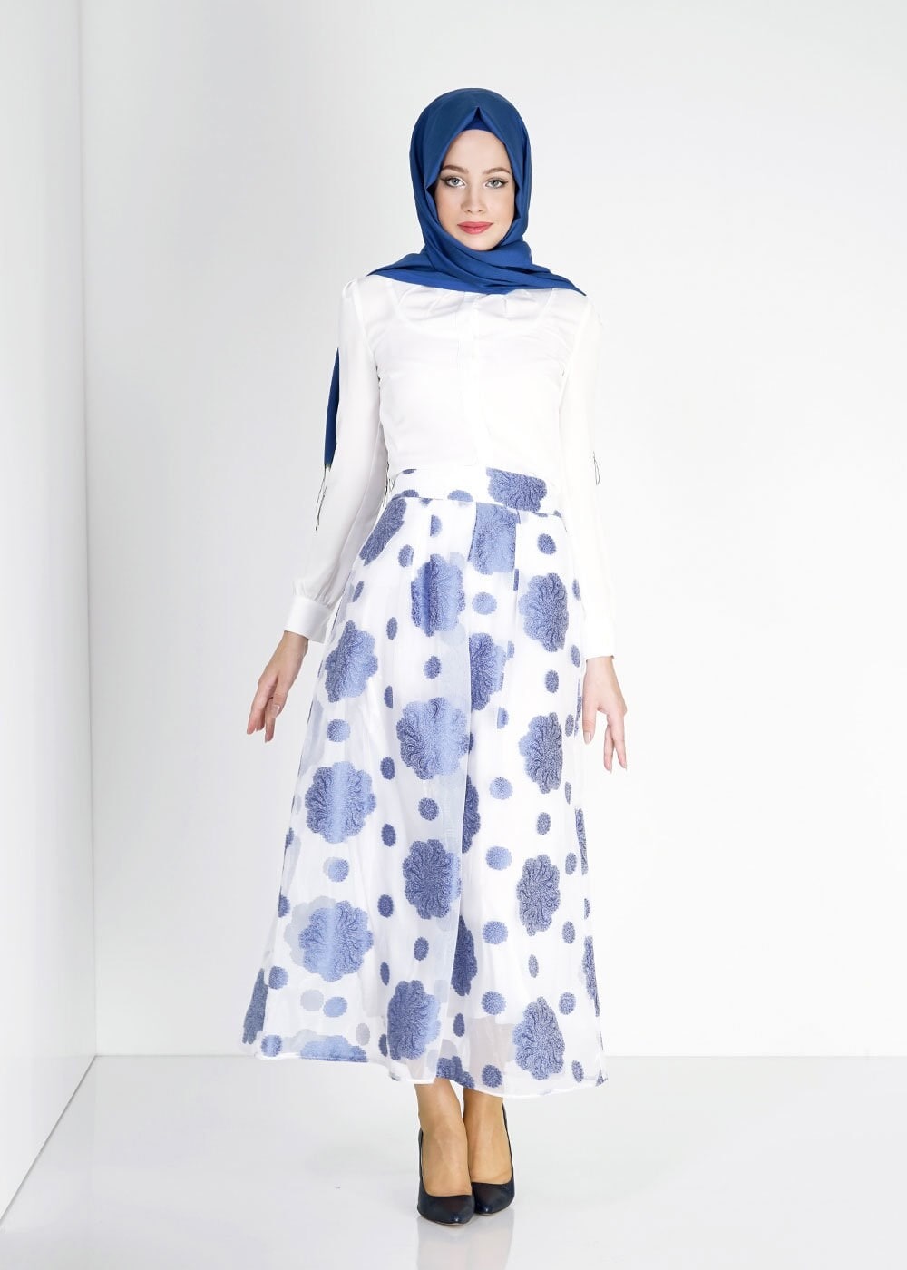 Tesettür giyim LACİVERT ÇİÇEK DESENLİ PİLELİ ETEK 6731