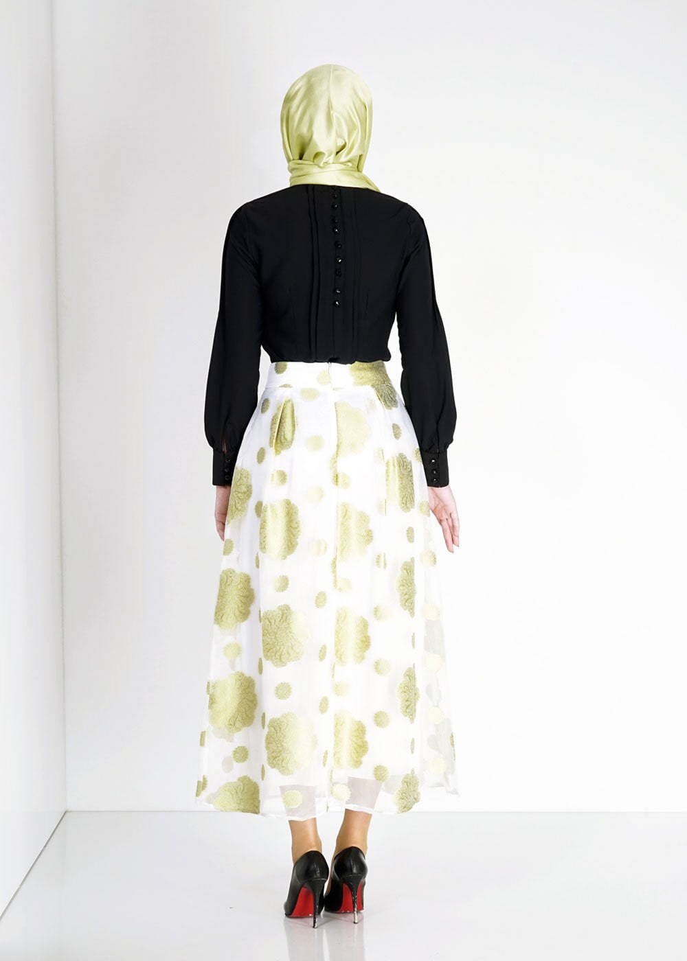 Tesettür giyim YEŞİL ÇİÇEK DESENLİ PİLELİ ETEK 6731