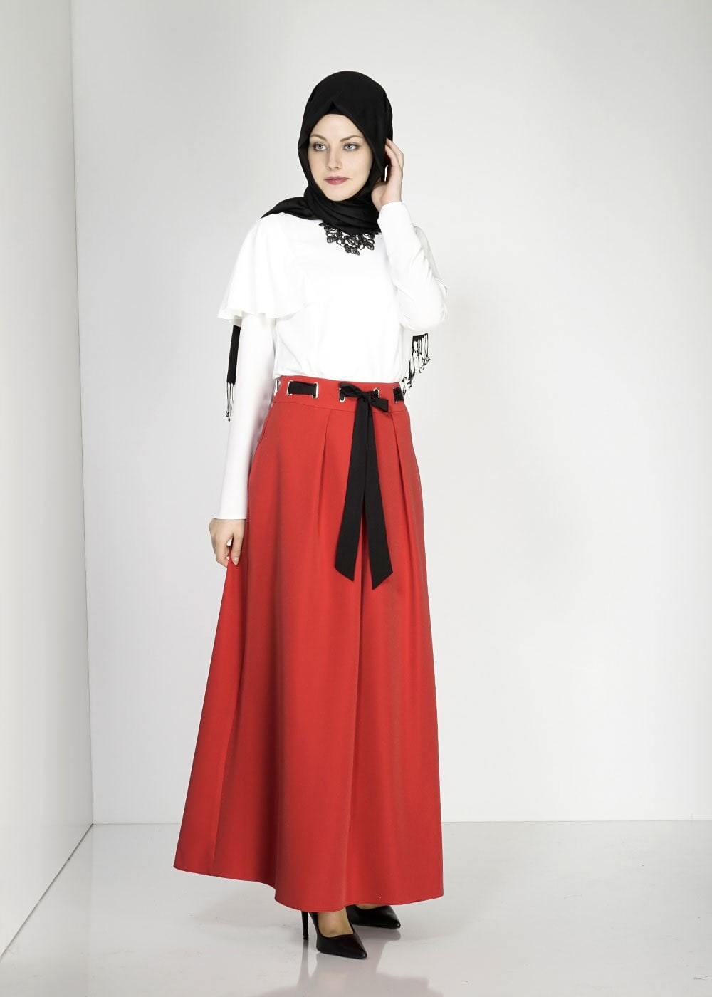 Tesettür giyim KIRMIZI BELİ KUŞAKLI PİLE DETAYLI ETEK 6734 