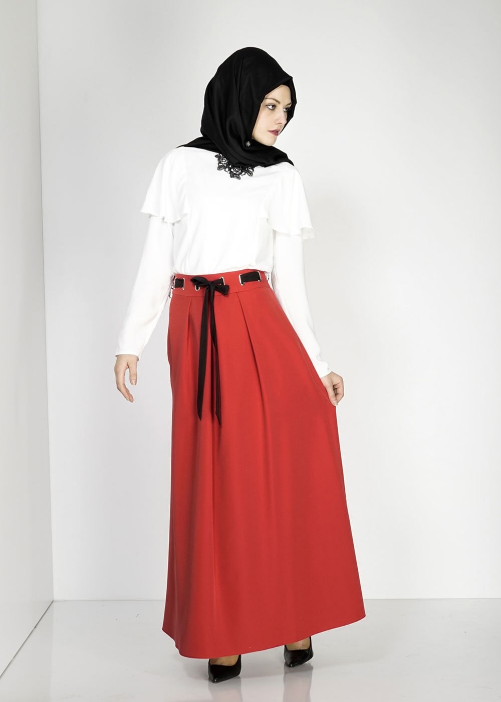 Tesettür giyim KIRMIZI BELİ KUŞAKLI PİLE DETAYLI ETEK 6734 
