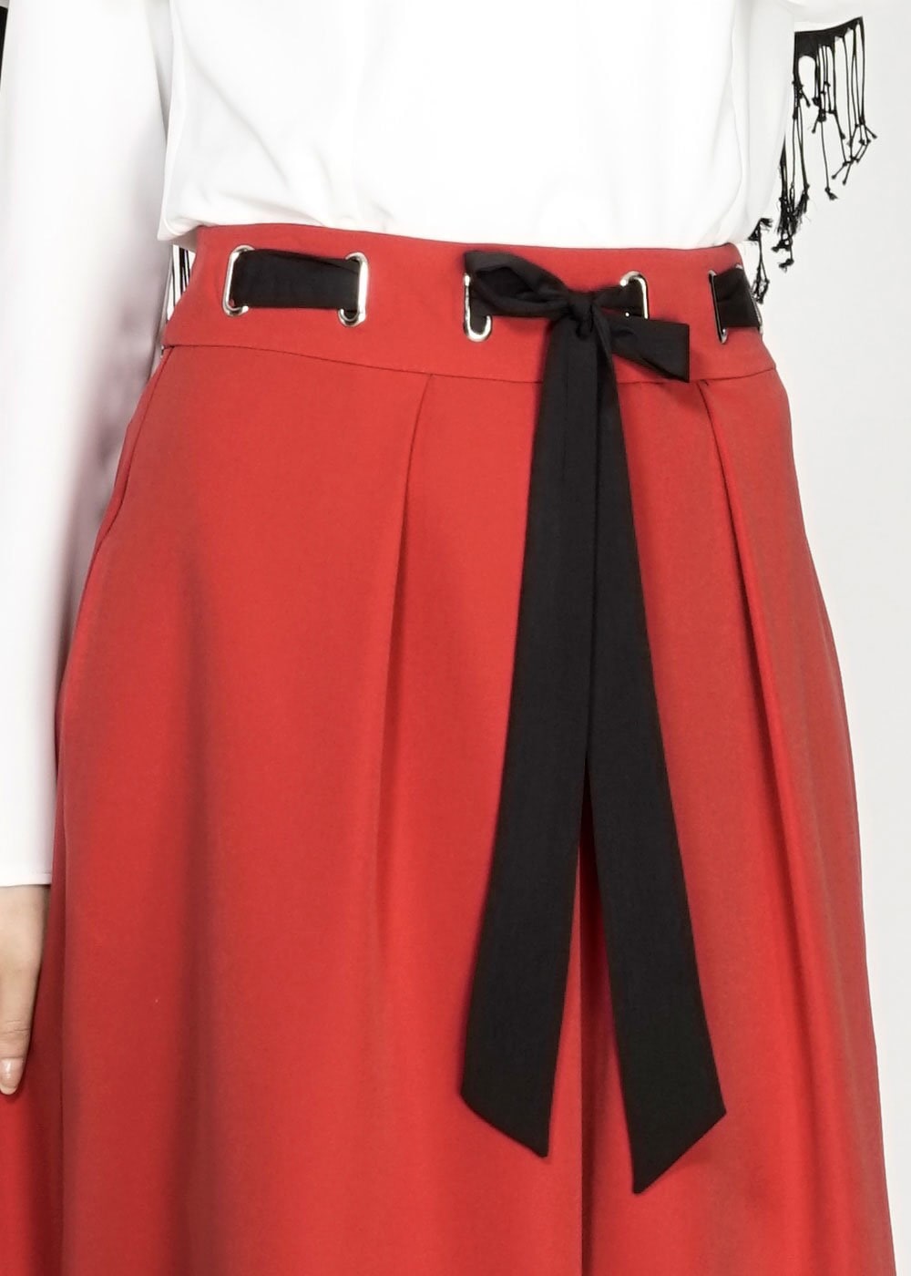 Tesettür giyim KIRMIZI BELİ KUŞAKLI PİLE DETAYLI ETEK 6734 