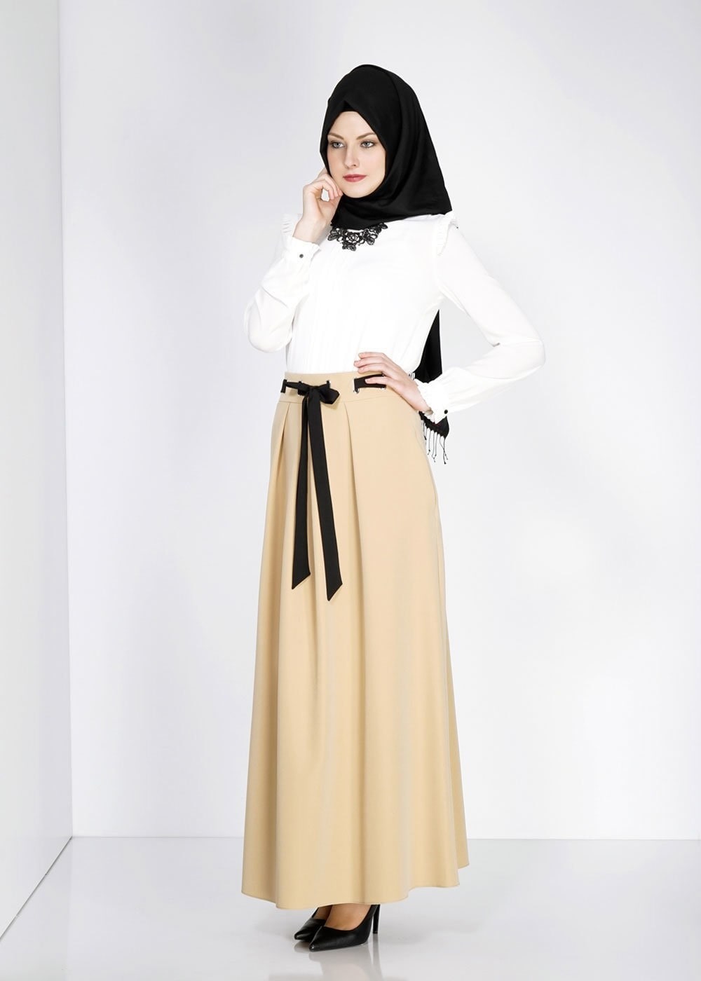 Tesettür giyim SARI BELİ KUŞAKLI PİLE DETAYLI ETEK 6734 