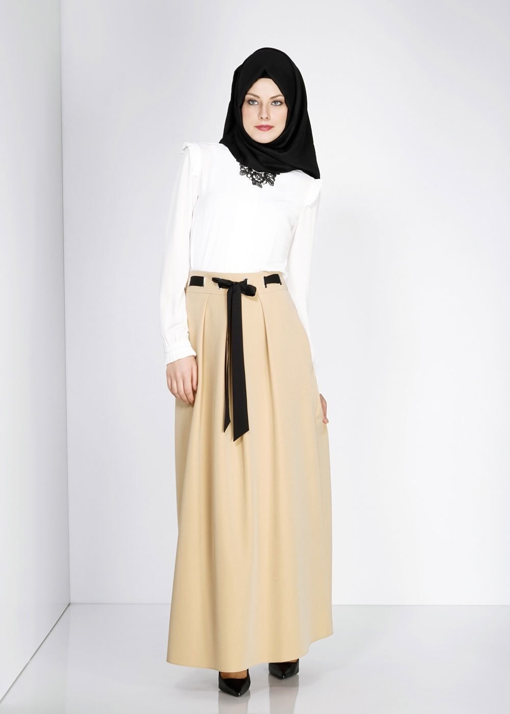 Tesettür giyim SARI BELİ KUŞAKLI PİLE DETAYLI ETEK 6734 