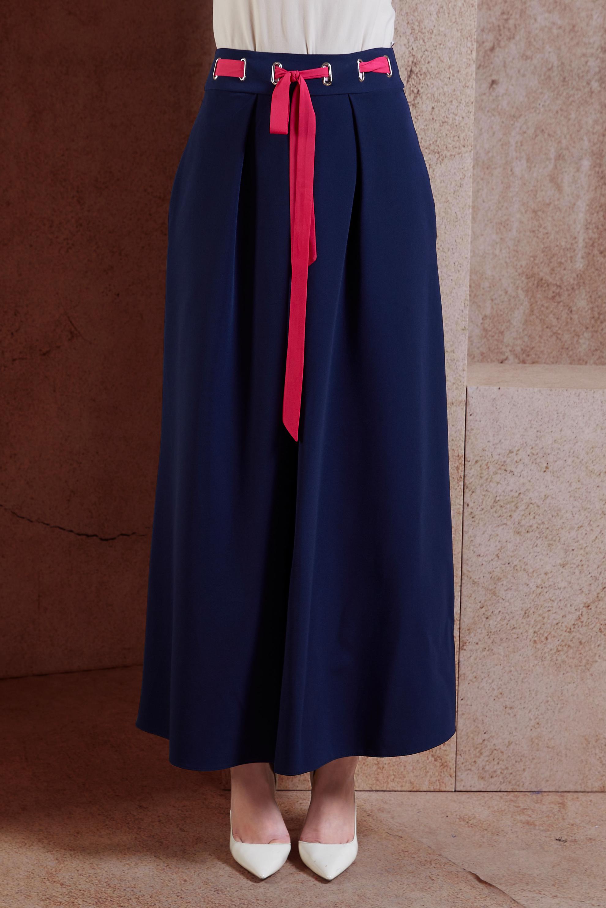 Tesettür giyim LACİVERT BELİ KUŞAKLI PİLE DETAYLI ETEK 6734 