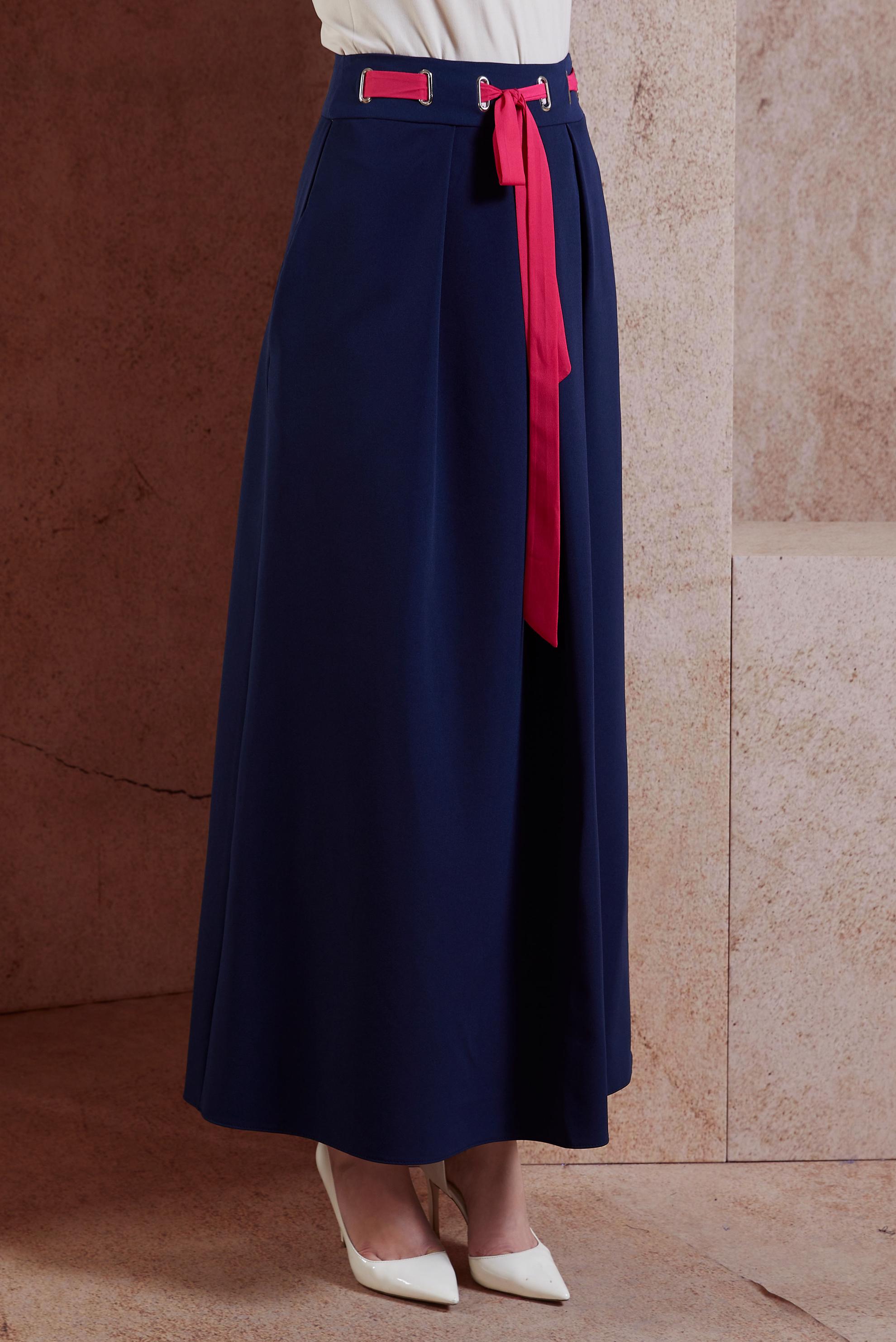 Tesettür giyim LACİVERT BELİ KUŞAKLI PİLE DETAYLI ETEK 6734 