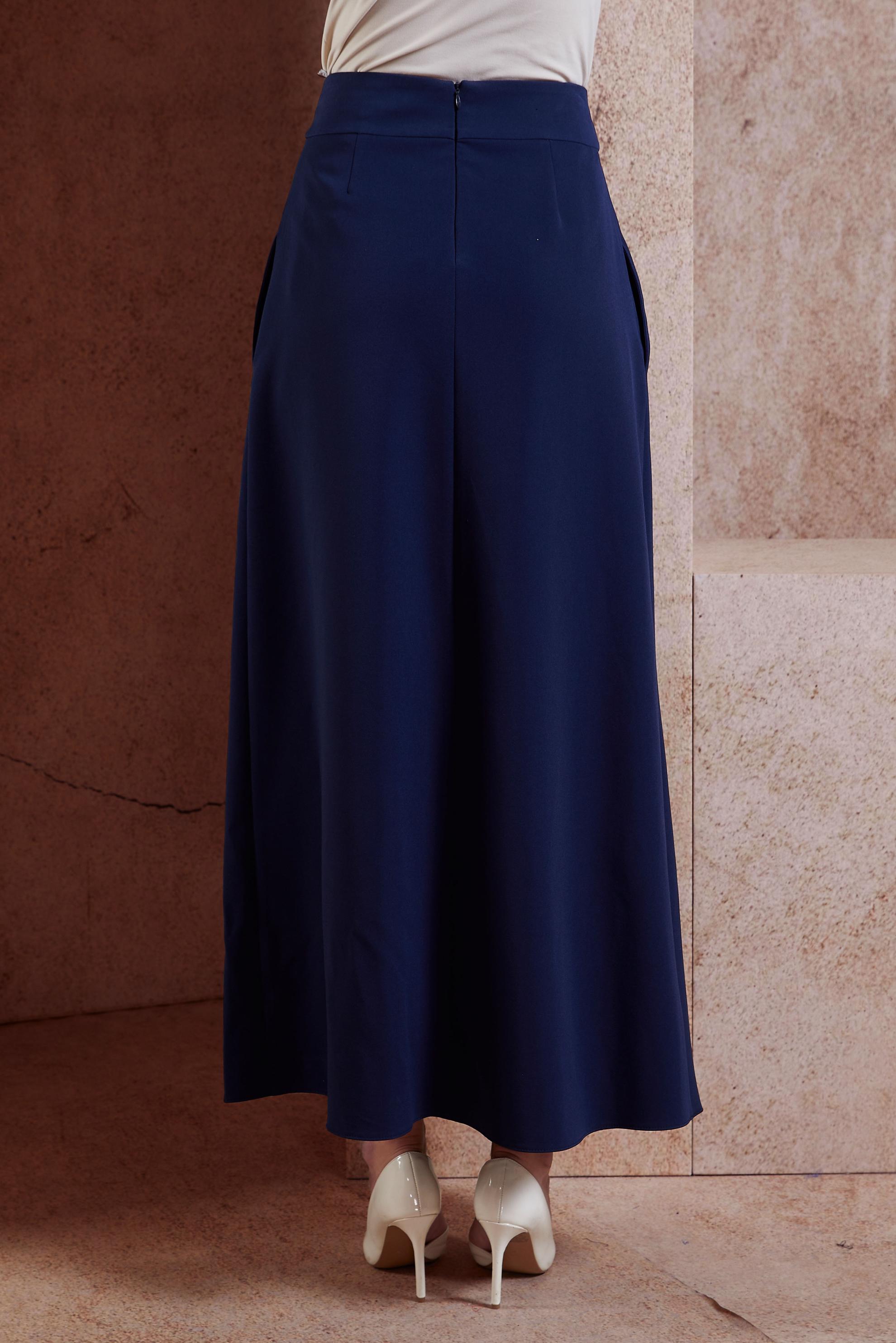 Tesettür giyim LACİVERT BELİ KUŞAKLI PİLE DETAYLI ETEK 6734 