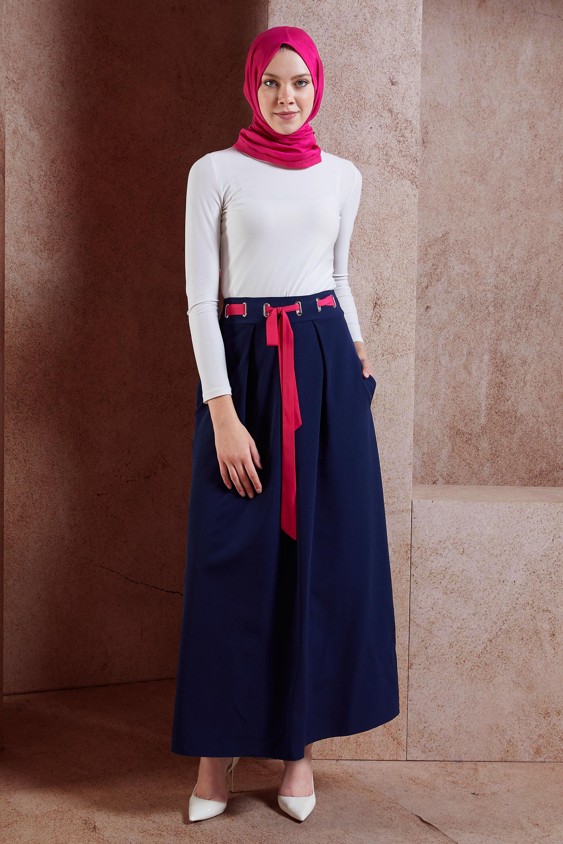 Tesettür giyim LACİVERT BELİ KUŞAKLI PİLE DETAYLI ETEK 6734 