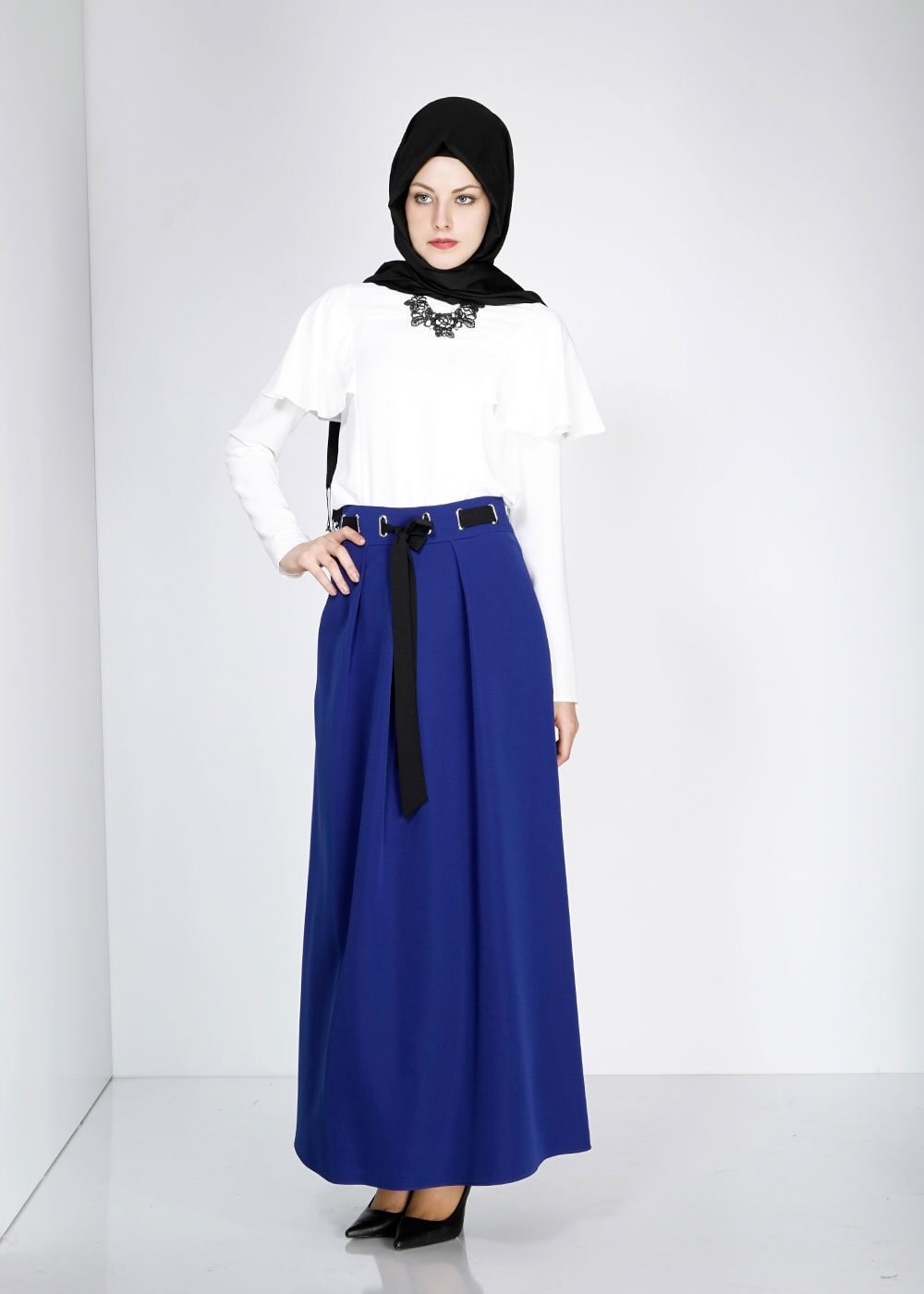 Tesettür giyim LACİVERT BELİ KUŞAKLI PİLE DETAYLI ETEK 6734 