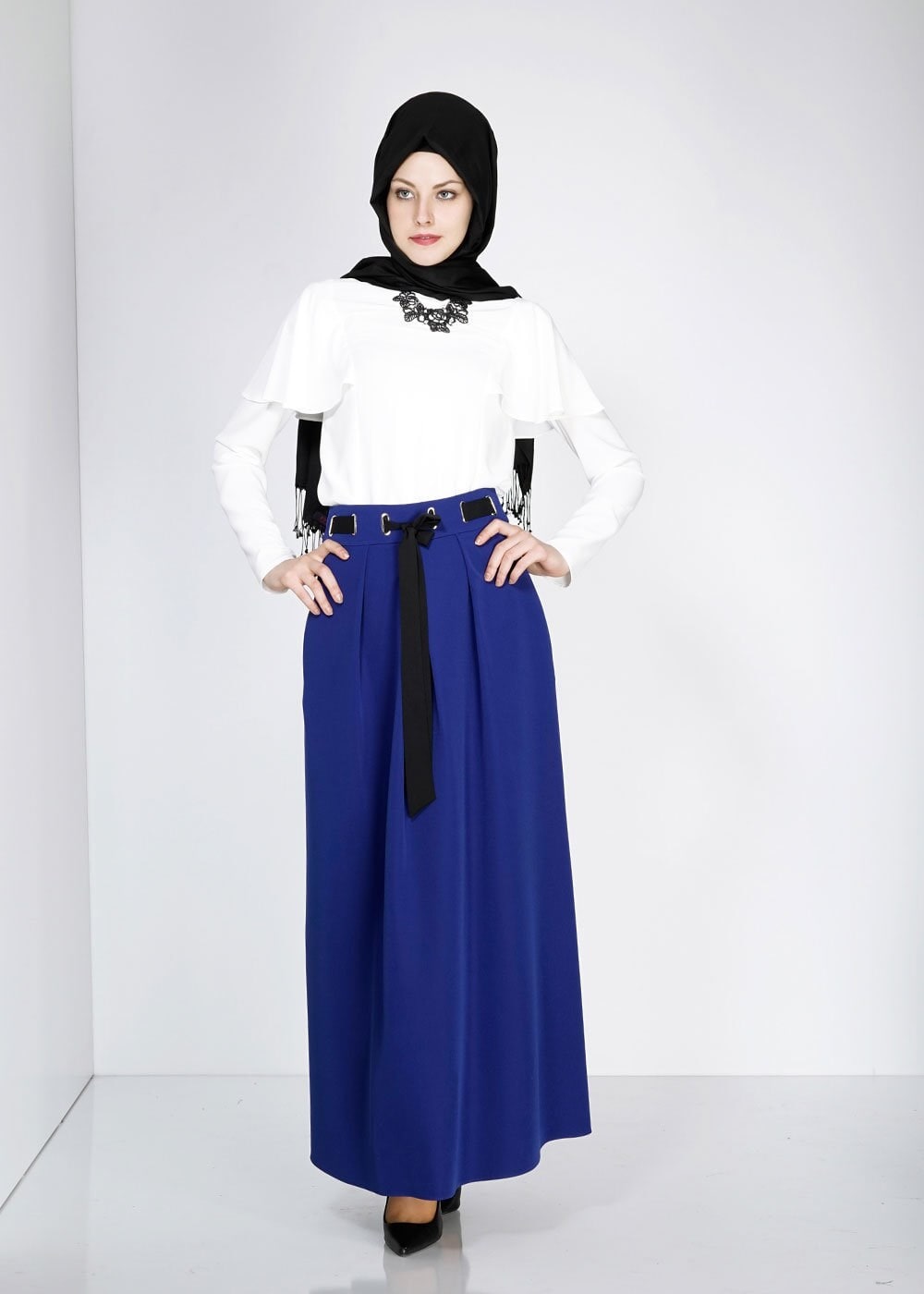 Tesettür giyim LACİVERT BELİ KUŞAKLI PİLE DETAYLI ETEK 6734 