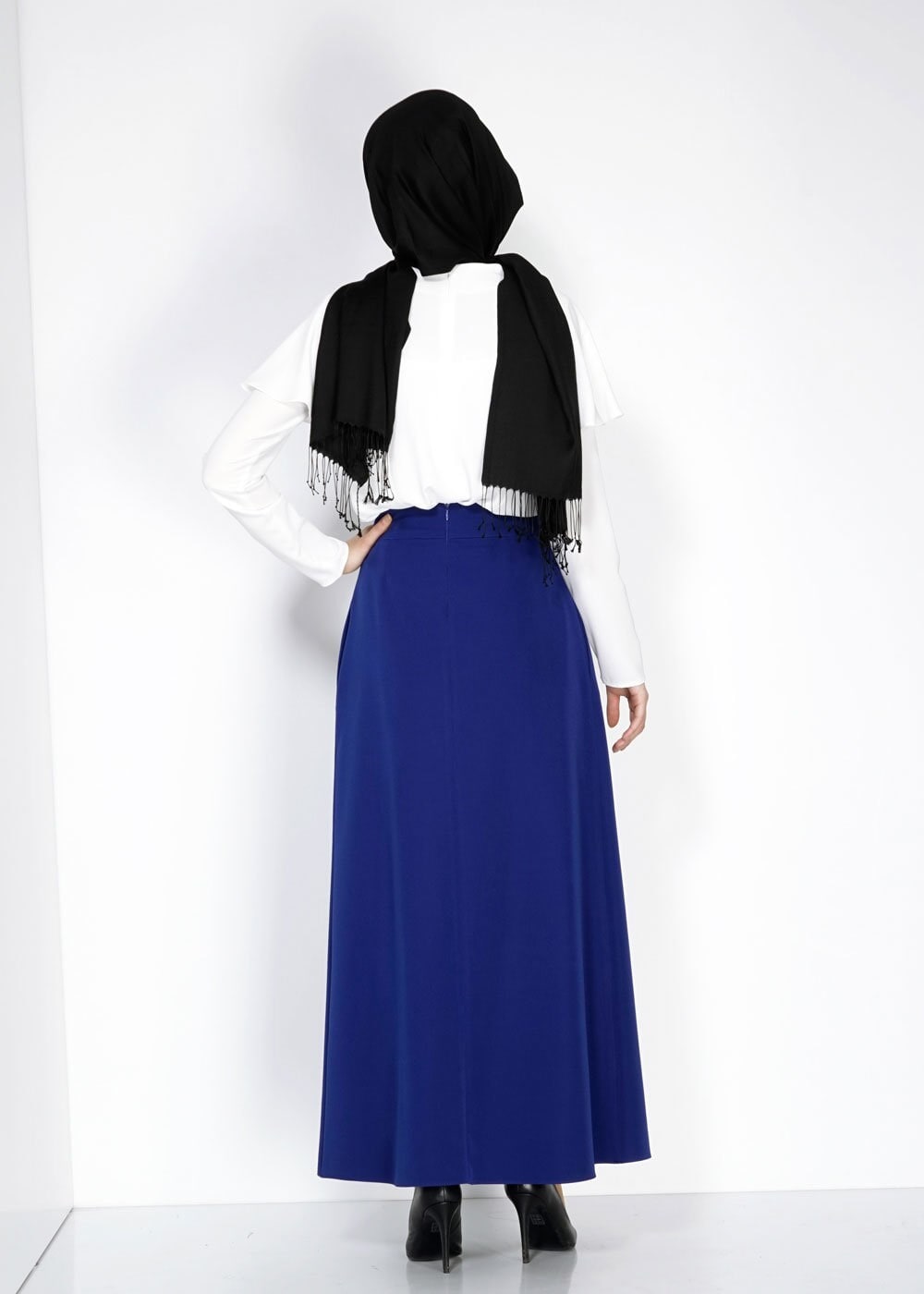 Tesettür giyim LACİVERT BELİ KUŞAKLI PİLE DETAYLI ETEK 6734 