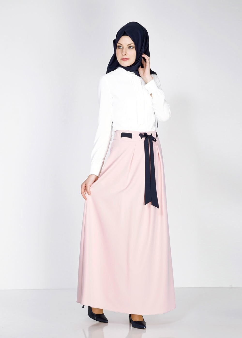 Tesettür giyim PUDRA BELİ KUŞAKLI PİLE DETAYLI ETEK 6734 