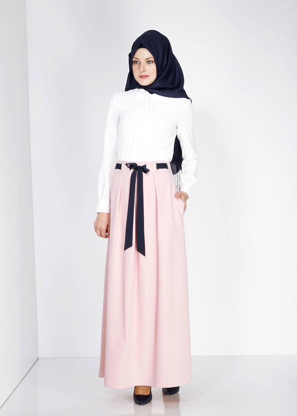 Tesettür giyim PUDRA BELİ KUŞAKLI PİLE DETAYLI ETEK 6734 