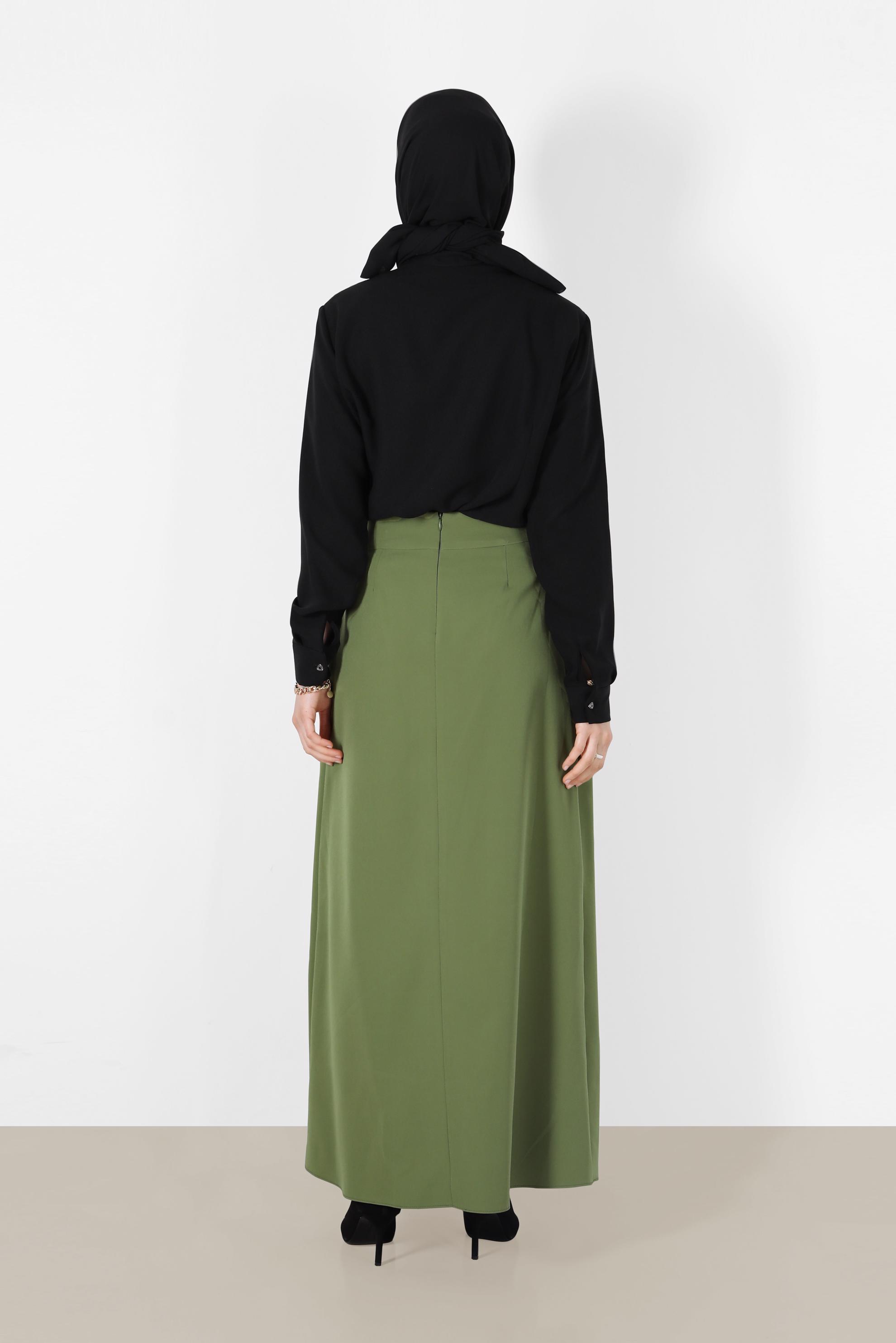 Tesettür giyim YEŞİL BELİ KUŞAKLI PİLE DETAYLI ETEK 6734 