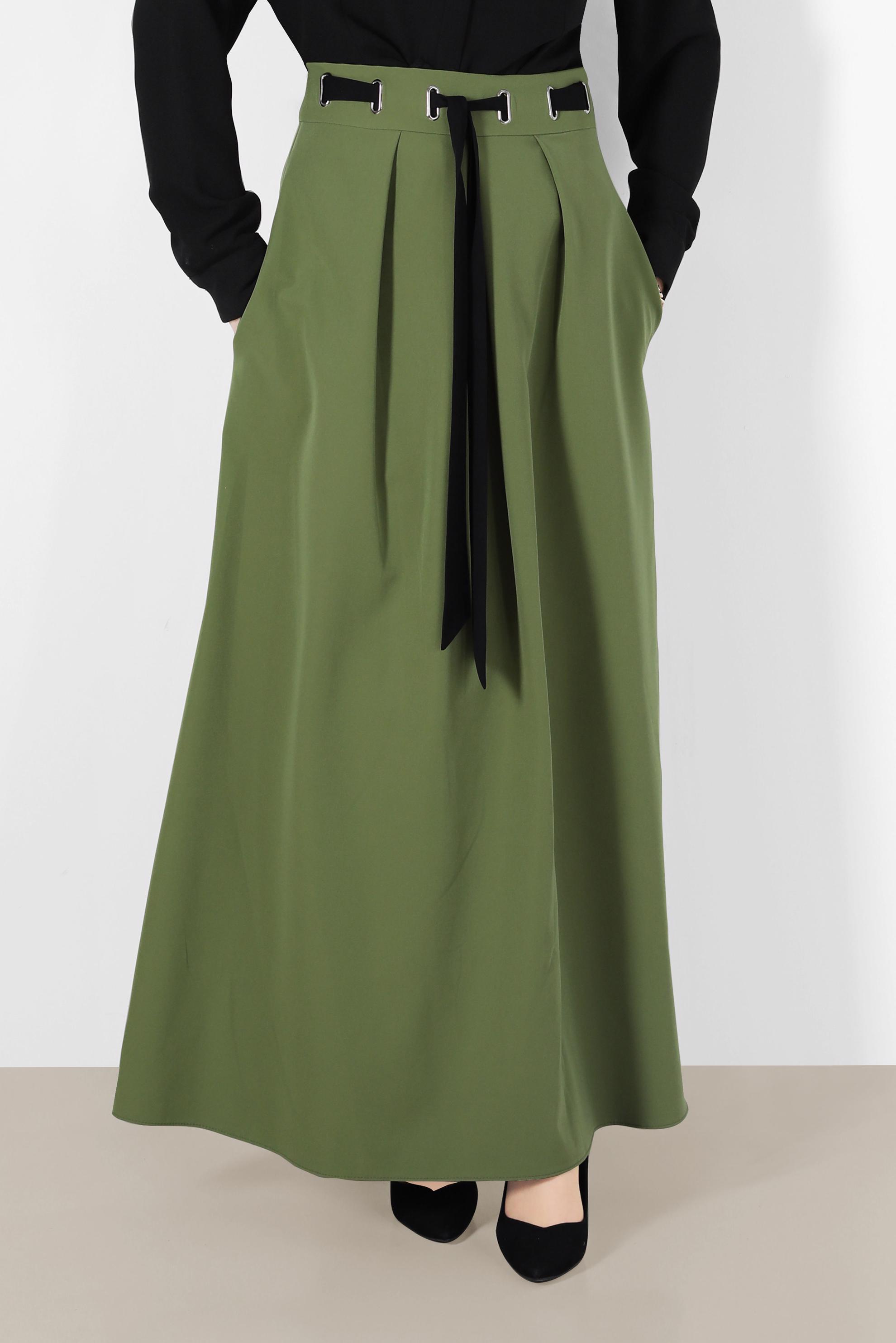 Tesettür giyim YEŞİL BELİ KUŞAKLI PİLE DETAYLI ETEK 6734 