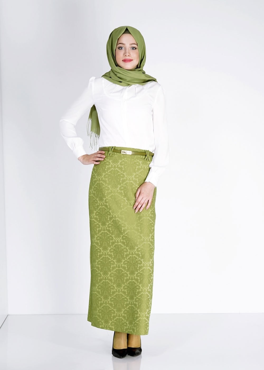 Tesettür giyim YEŞİL 6740 Almina Jakar Tesettür Etek