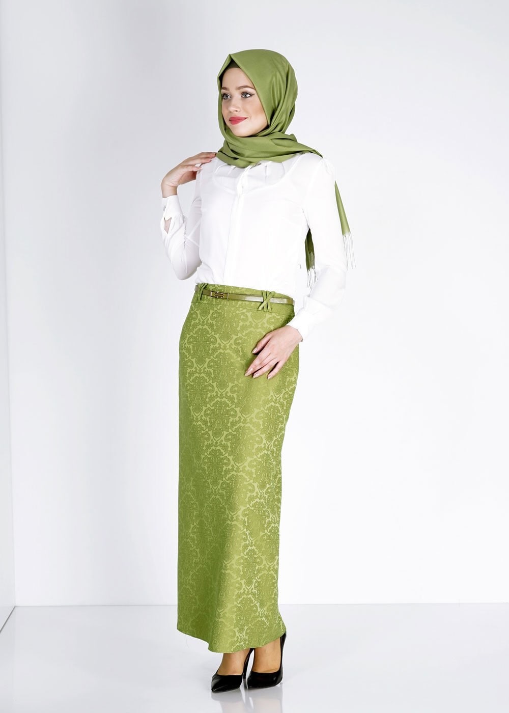 Tesettür giyim YEŞİL 6740 Almina Jakar Tesettür Etek