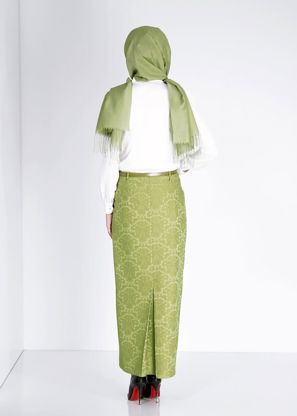 Tesettür giyim YEŞİL 6740 Almina Jakar Tesettür Etek