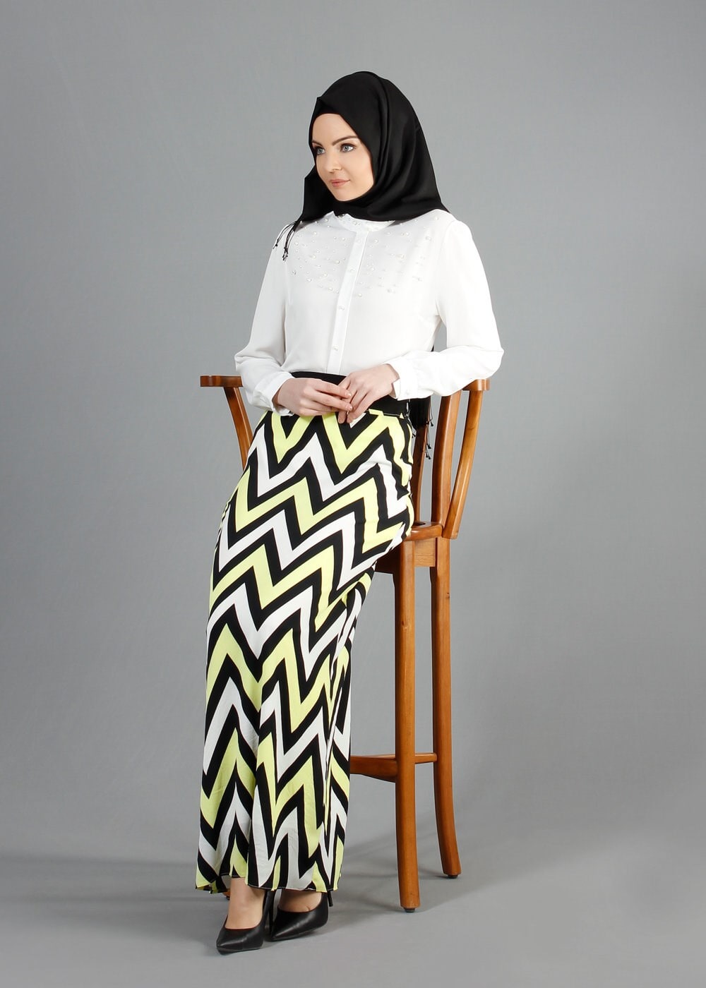 Tesettür giyim SARI ZİKZAK DESENLİ DÜZ KESİM ETEK 6746