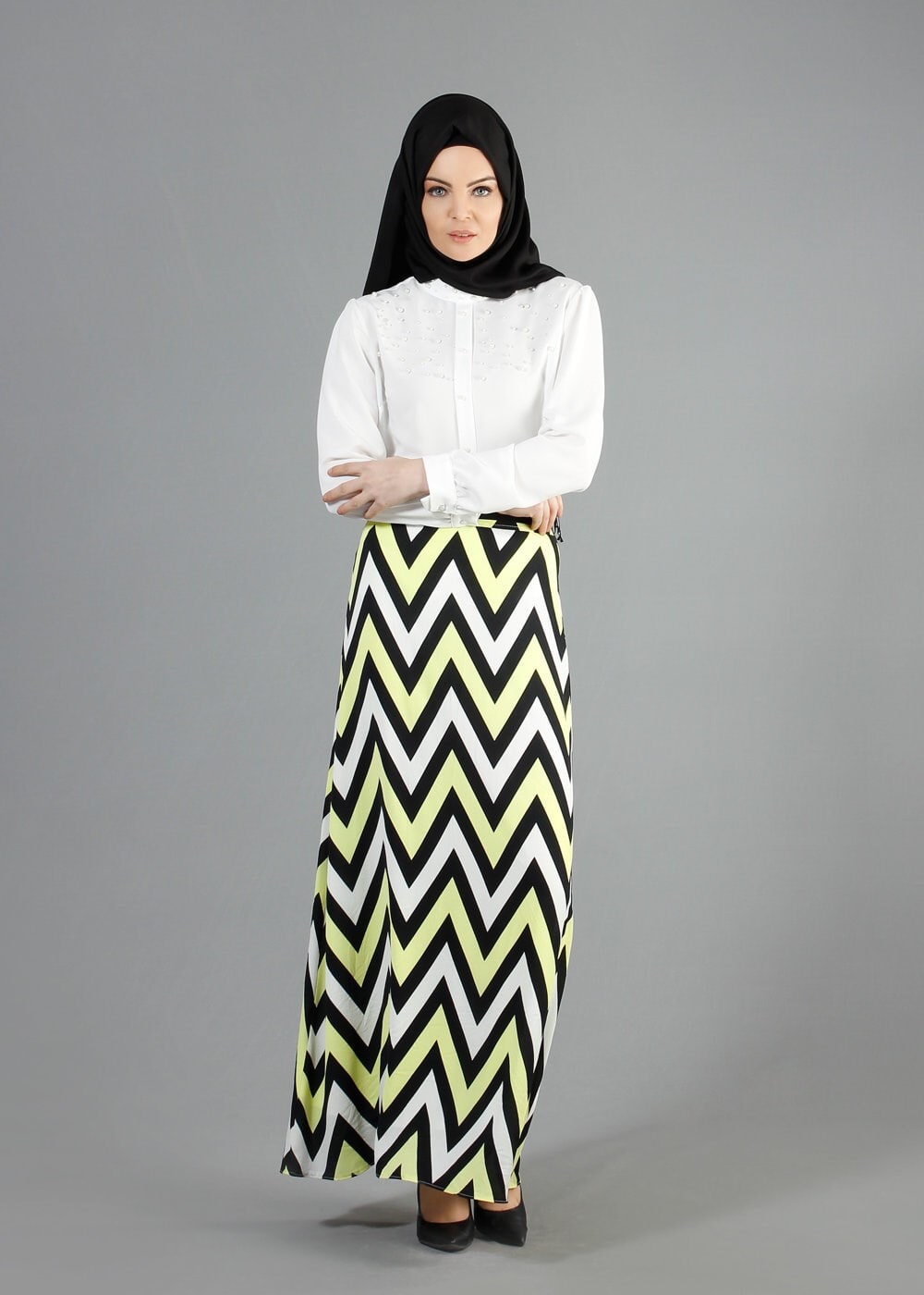 Tesettür giyim SARI ZİKZAK DESENLİ DÜZ KESİM ETEK 6746