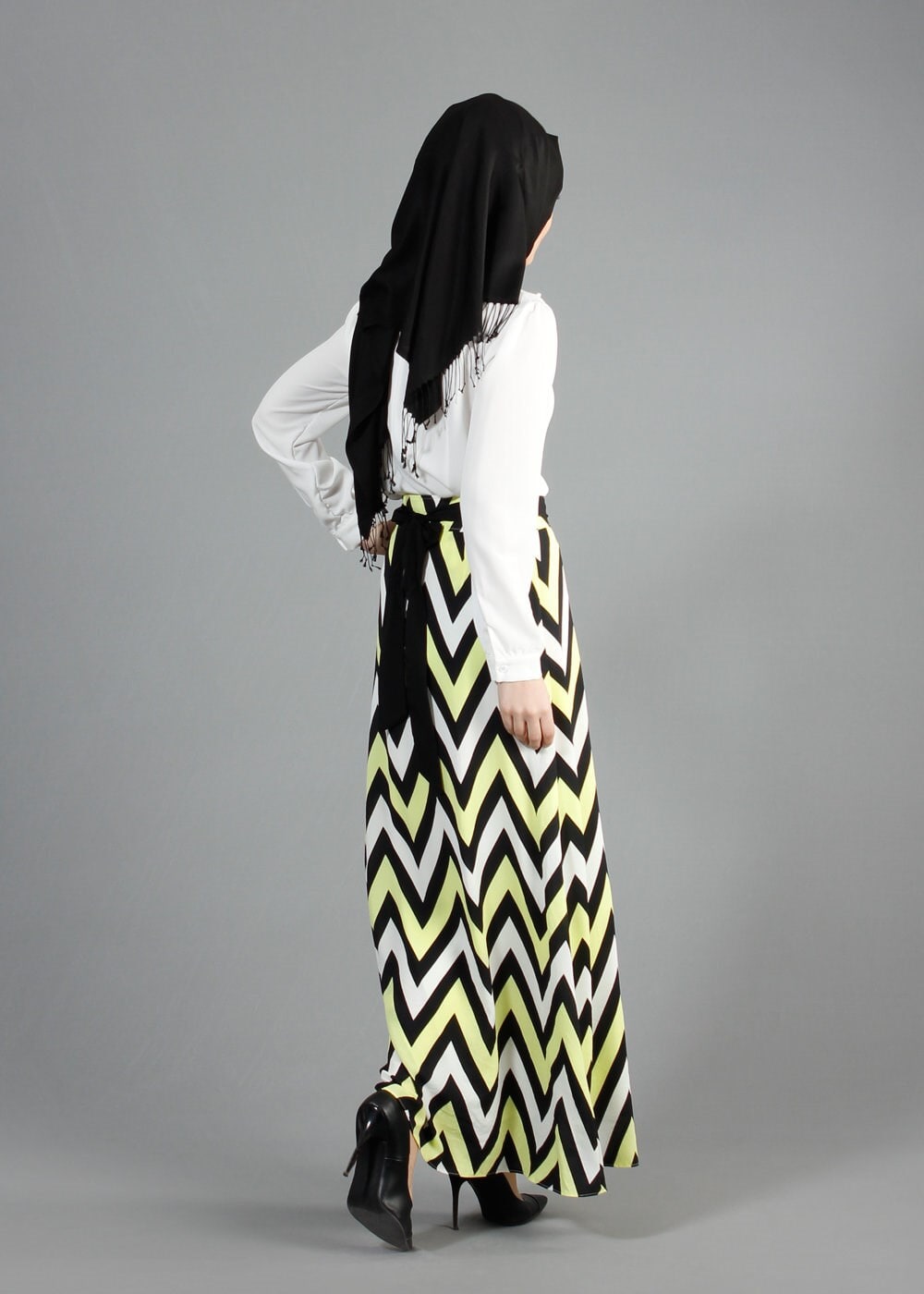 Tesettür giyim SARI ZİKZAK DESENLİ DÜZ KESİM ETEK 6746