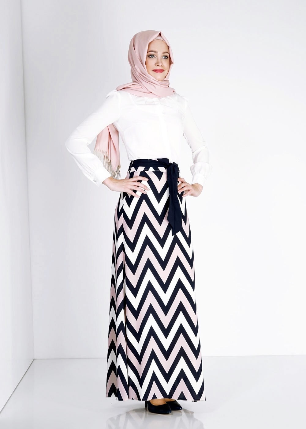 Tesettür giyim PUDRA ZİKZAK DESENLİ DÜZ KESİM ETEK 6746