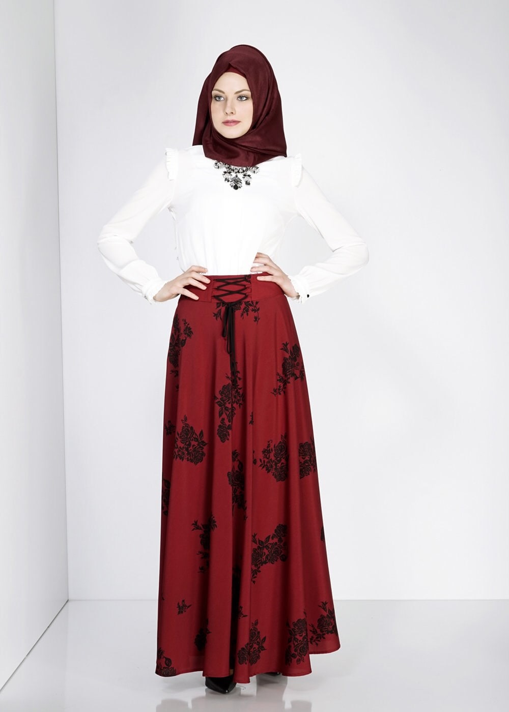 Tesettür giyim BORDO 6690-2 Emp.Crep Tesettür Etek