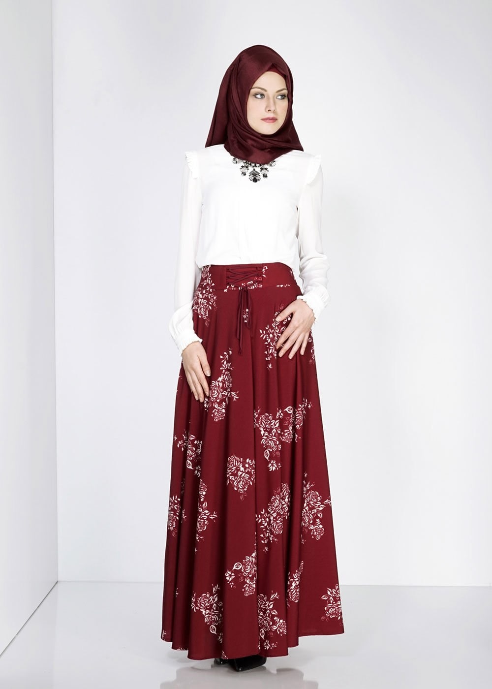 Tesettür giyim BORDO 6690-2 Emp.Crep Tesettür Etek