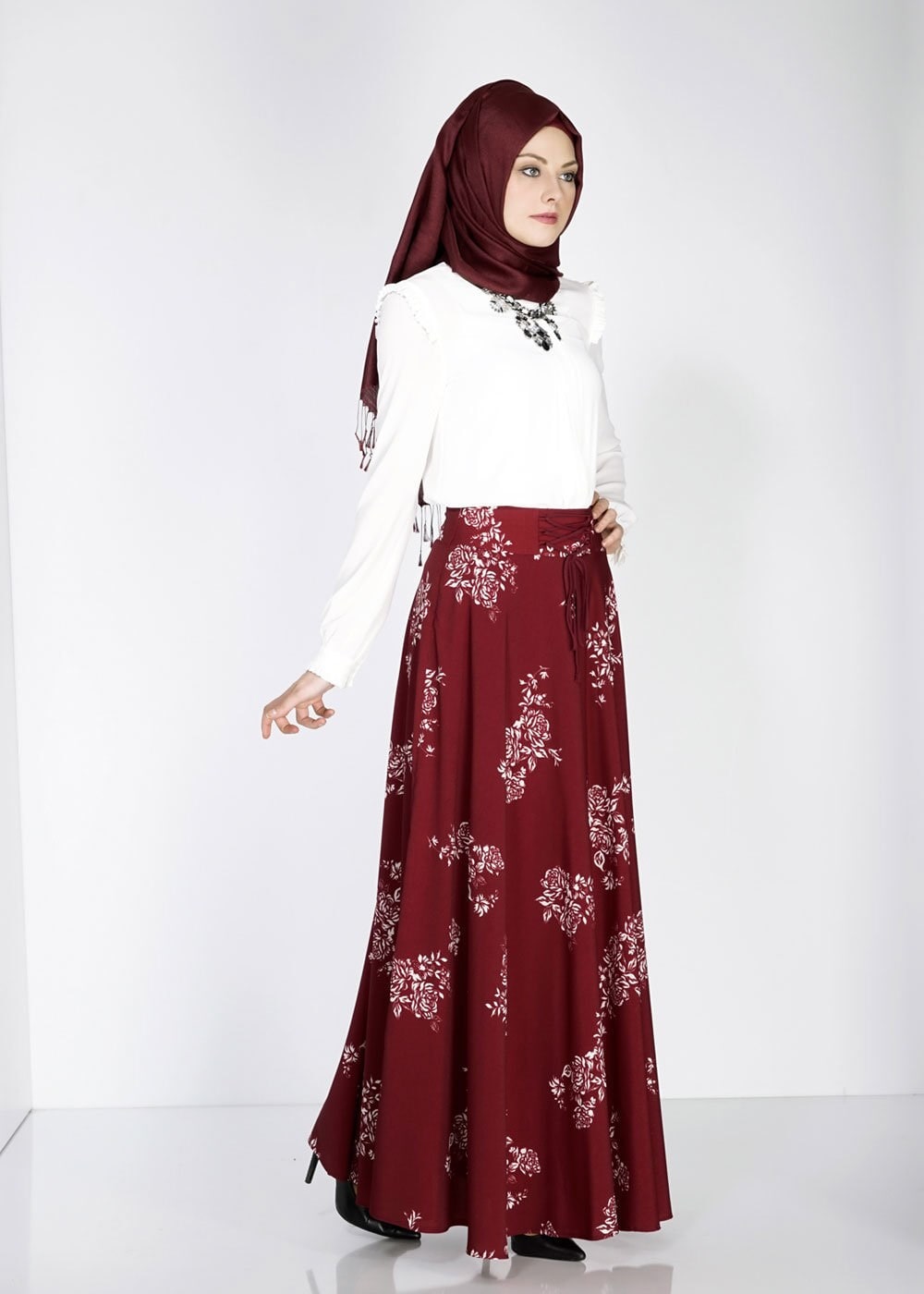 Tesettür giyim BORDO 6690-2 Emp.Crep Tesettür Etek