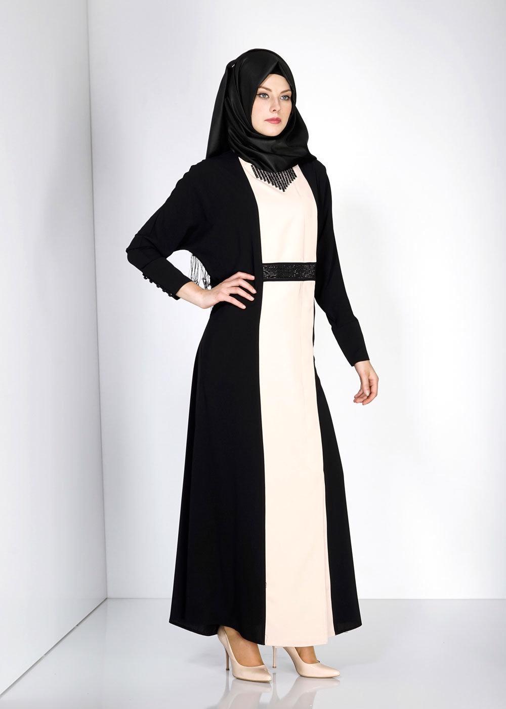 Tesettür giyim SİYAH YAKASI VE BELİ TAŞ İŞLEMELİ FERACE 8112