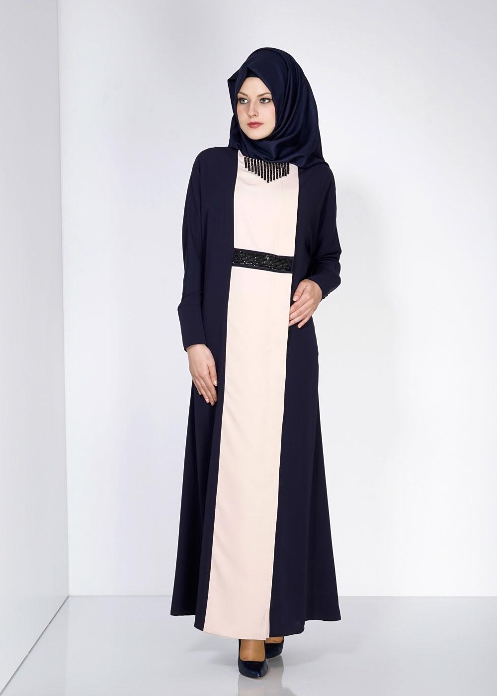 Tesettür giyim LACİVERT YAKASI VE BELİ TAŞ İŞLEMELİ FERACE 8112