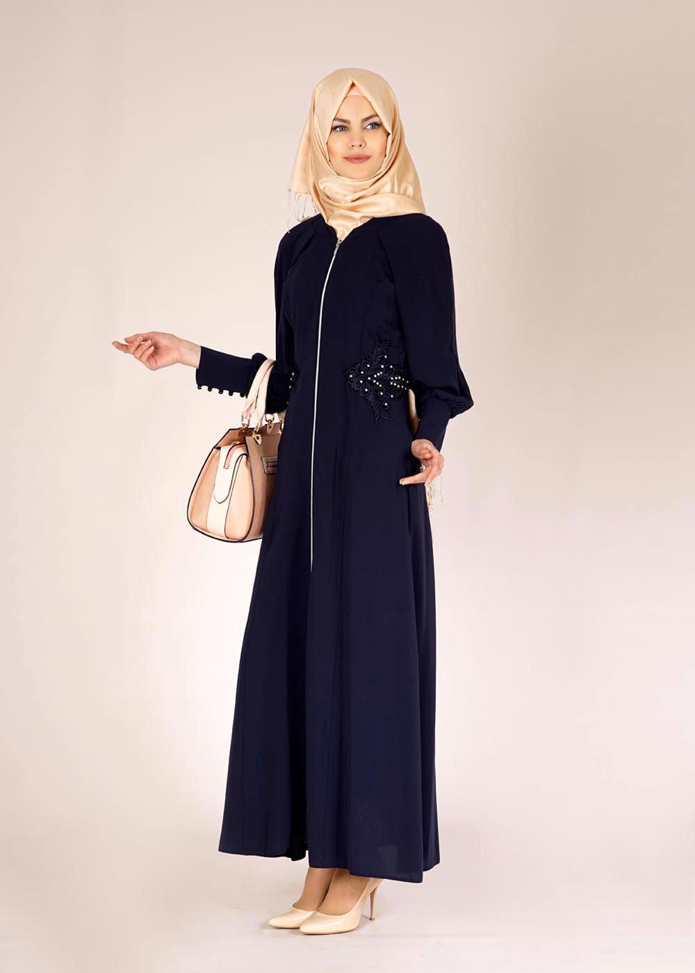 Tesettür giyim LACİVERT İŞLEMELİ TAŞ DETAYLI FERACE 8121