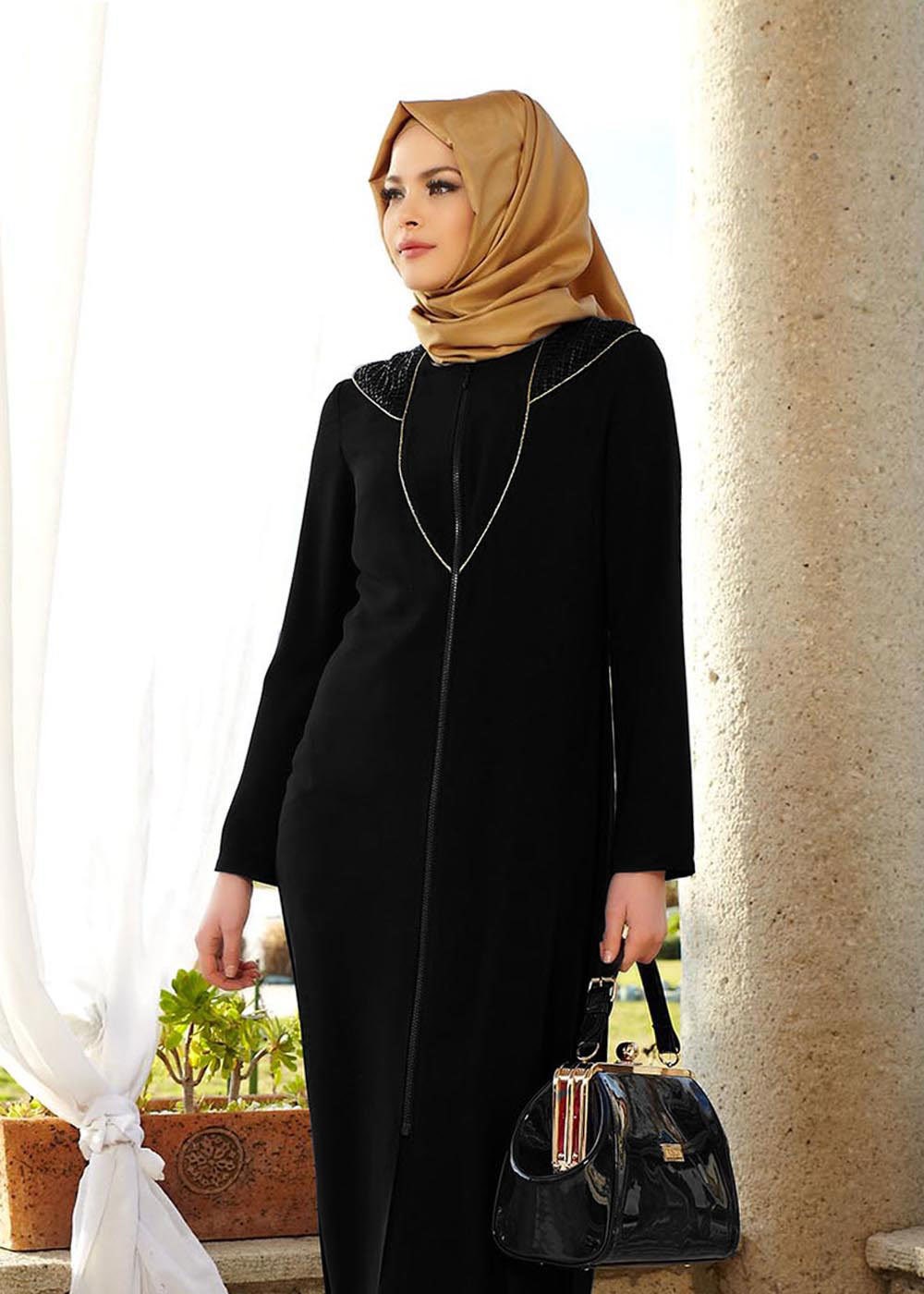 Tesettür giyim SİYAH YAKASI İŞLEME DETAYLI FERACE 8141