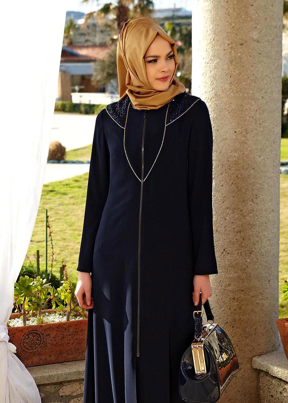 Tesettür giyim LACİVERT YAKASI İŞLEME DETAYLI FERACE 8141