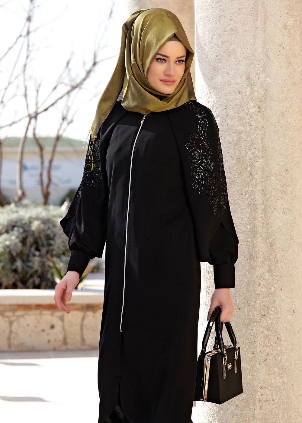 Tesettür giyim SİYAH KOLLARI İŞLEMELİ PANTOLON FERACE 8149