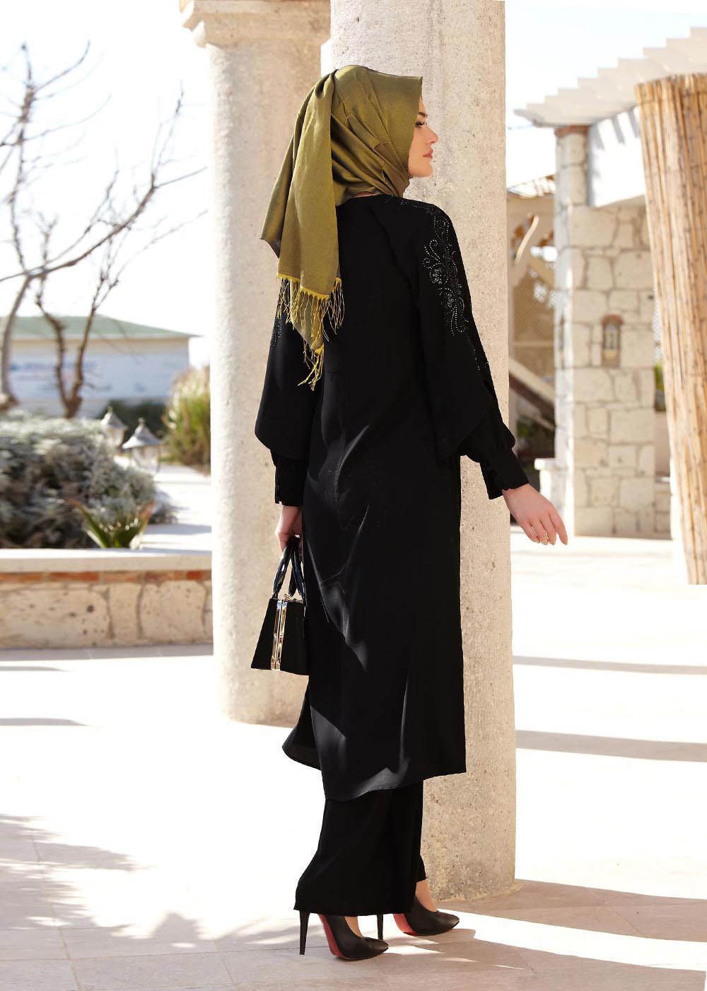 Tesettür giyim SİYAH KOLLARI İŞLEMELİ PANTOLON FERACE 8149