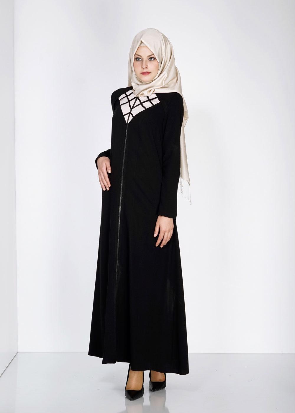 Tesettür giyim SİYAH BAKLAVA DESENLİ FERMUARLI FERACE 8152
