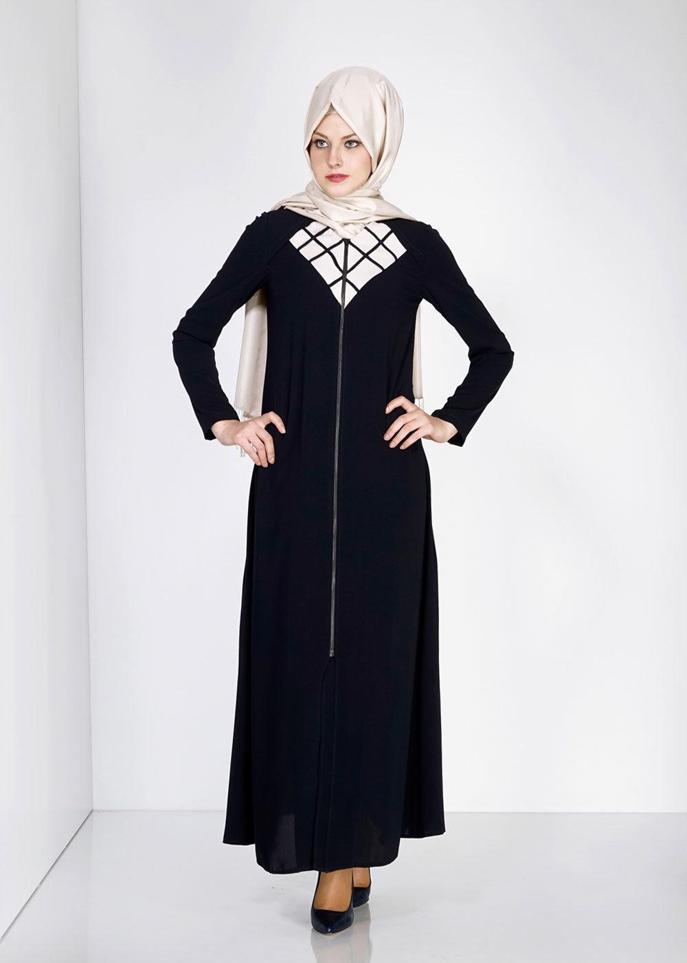 Tesettür giyim LACİVERT BAKLAVA DESENLİ FERMUARLI FERACE 8152