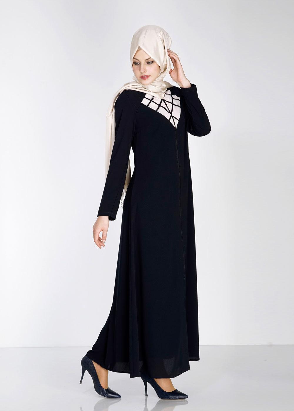 Tesettür giyim LACİVERT BAKLAVA DESENLİ FERMUARLI FERACE 8152