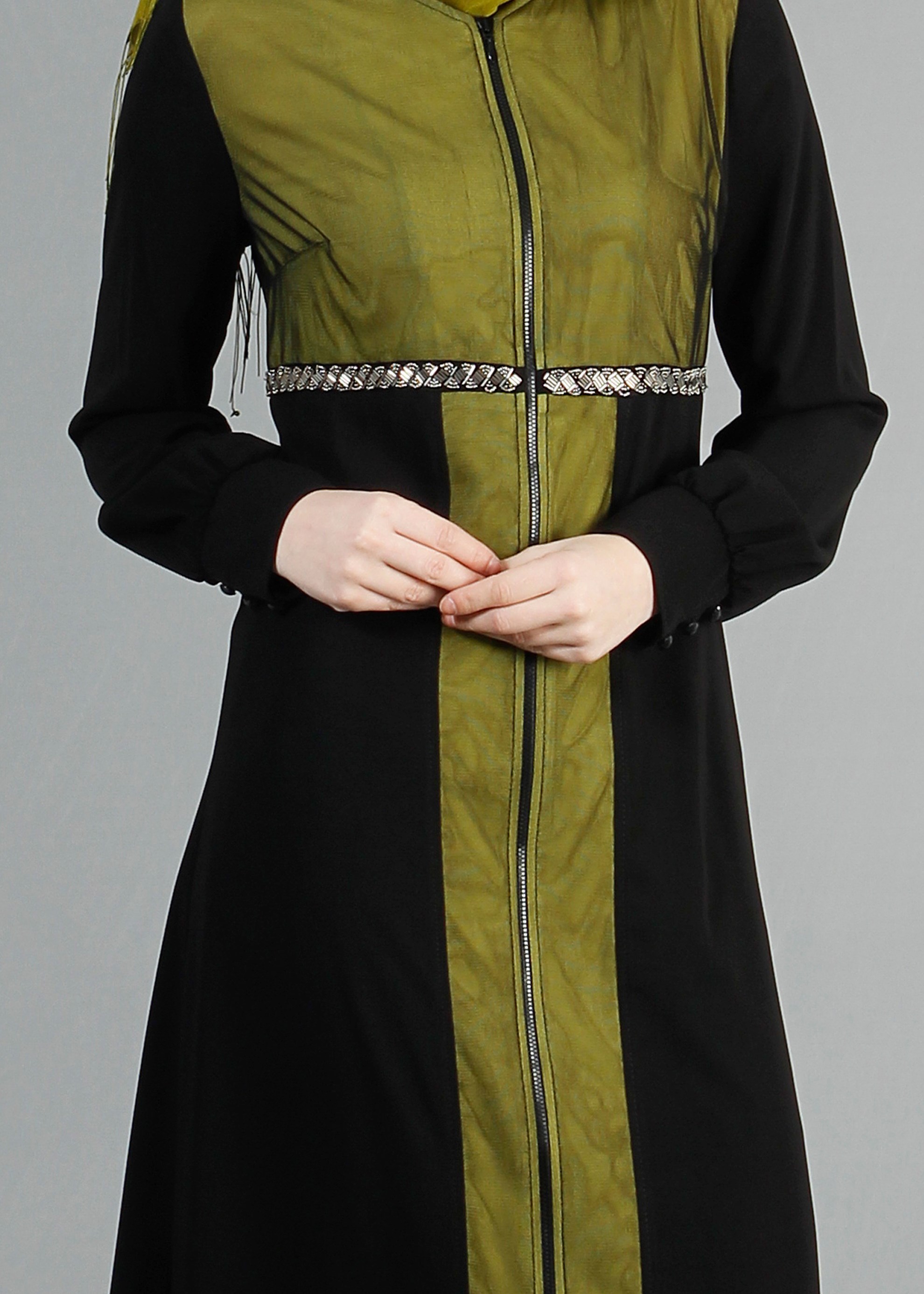 Tesettür giyim SİYAH İKİ RENKLİ FERMUARLI FERACE 8162