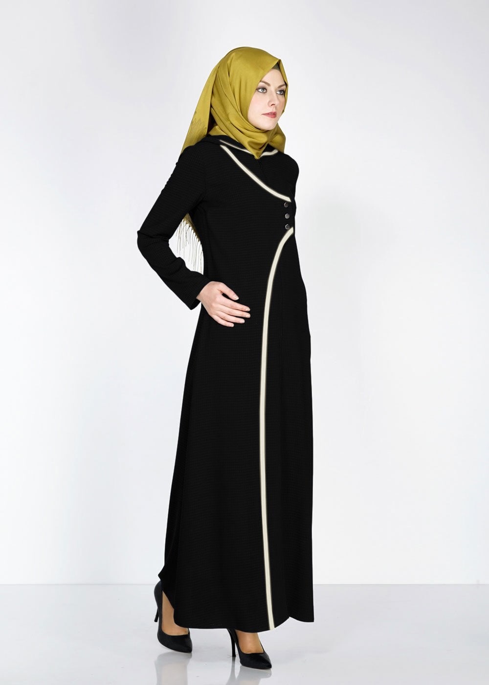 Tesettür giyim SİYAH KAPÜŞONLU DÜĞMELİ ŞERİT DETAYLI FERACE 8166