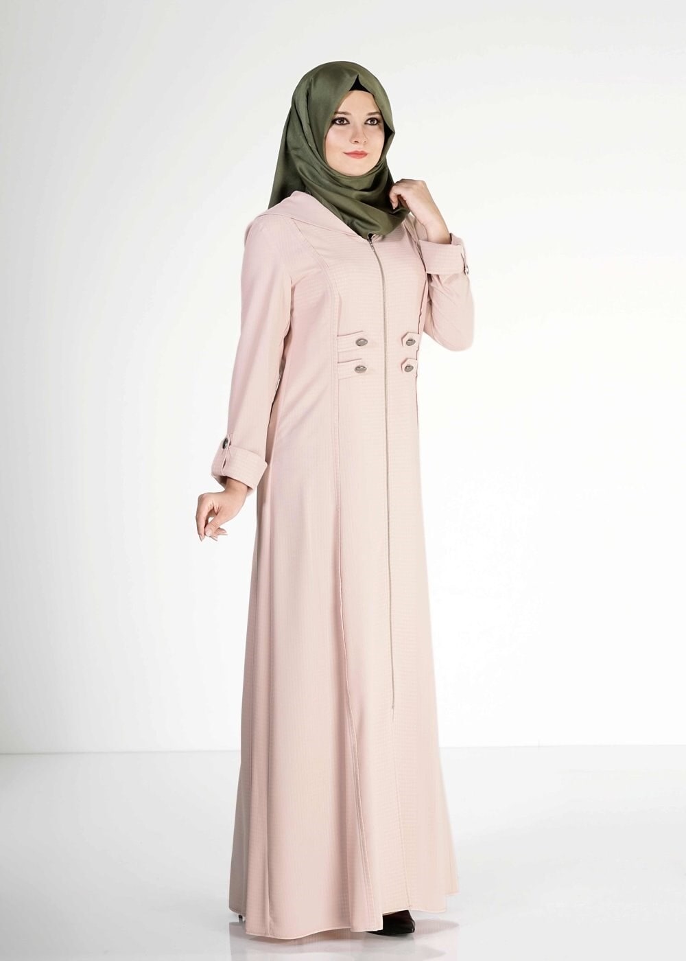 Tesettür giyim PUDRA KAPÜŞONLU DÜĞME DETAYLI FERACE 8167