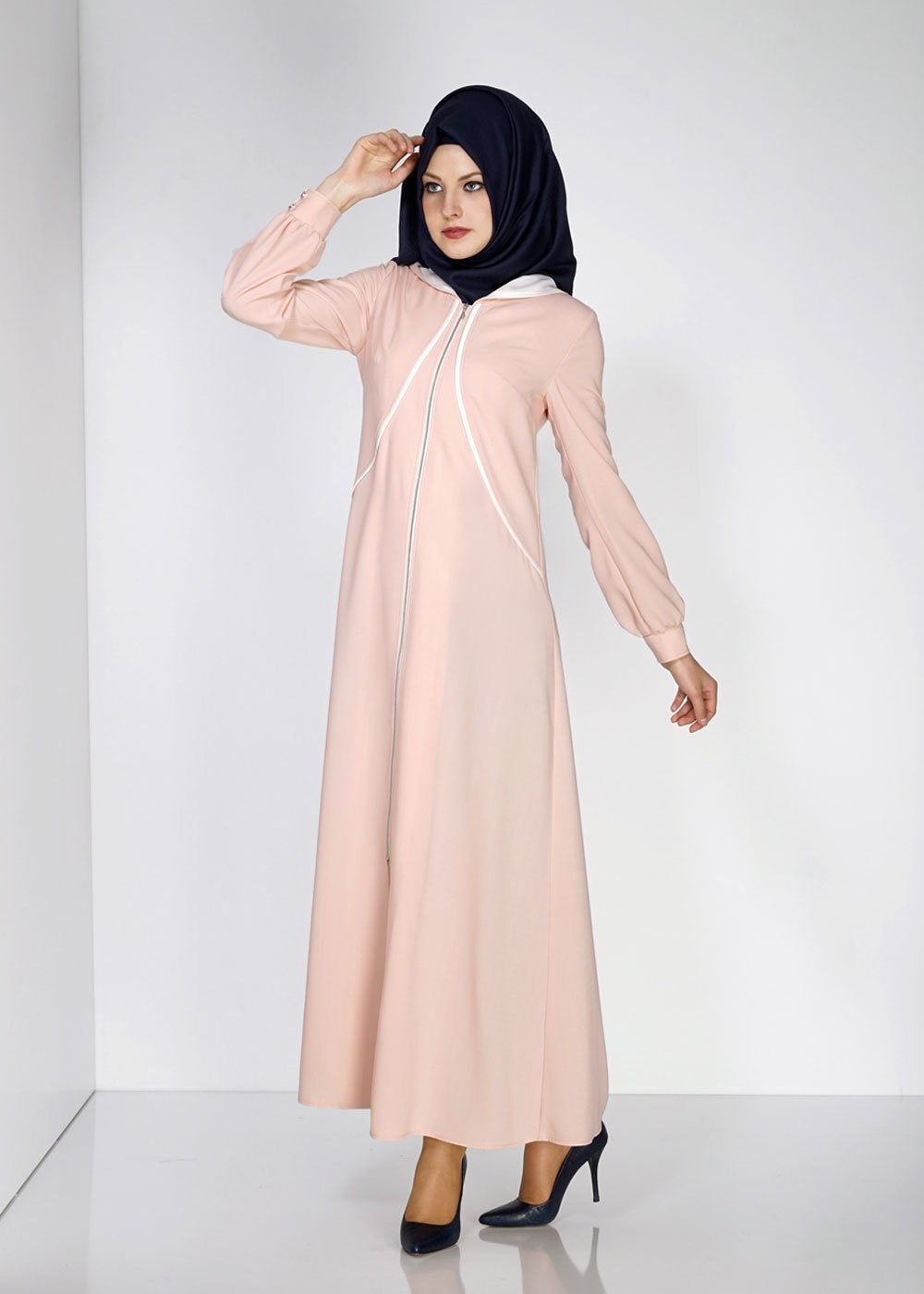 Hijab clothing POWDER HOODED ZIPPERED TOPCOAT 8169